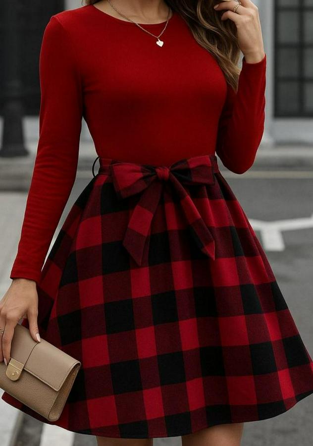 Uzun Kollu Bisiklet Yaka Üst Viskon Alt Ekose Kısa Elbise