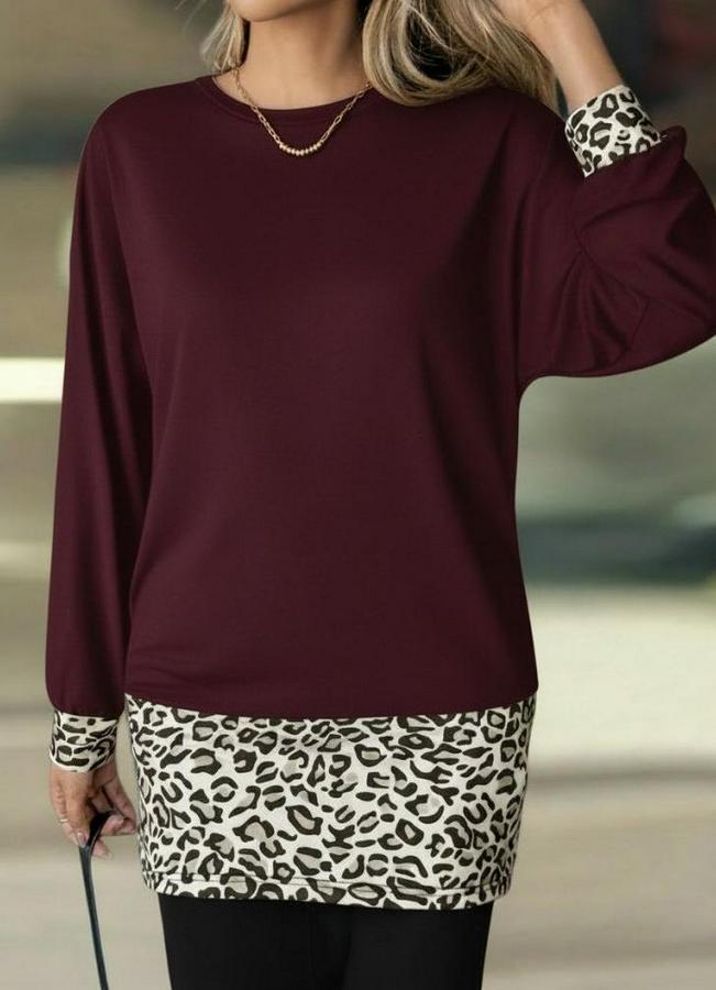 Uzun Kollu Bisiklet Yaka Üst Viskon Iki Iplik Alt Leopar Desenli Mini Elbise