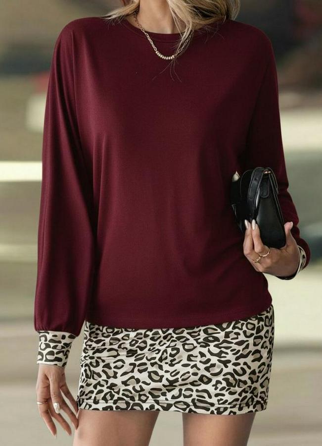 Uzun Kollu Bisiklet Yaka Üst Viskon Iki Iplik Alt Leopar Desenli Mini Elbise