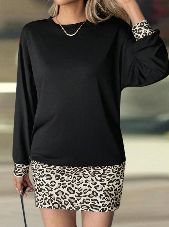 Uzun Kollu Bisiklet Yaka Üst Viskon Iki Iplik Alt Leopar Desenli Mini Elbise