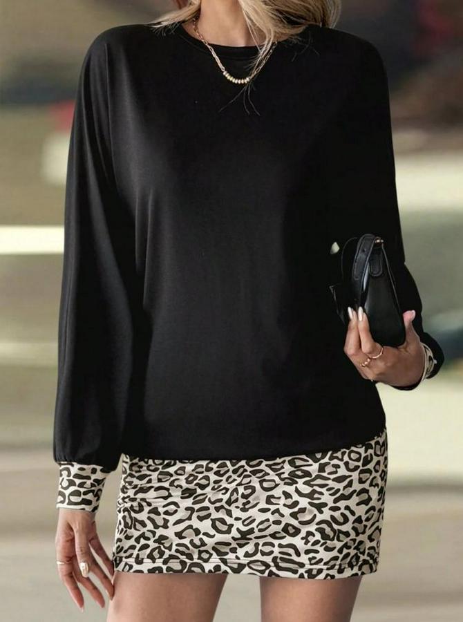 Uzun Kollu Bisiklet Yaka Üst Viskon Iki Iplik Alt Leopar Desenli Mini Elbise