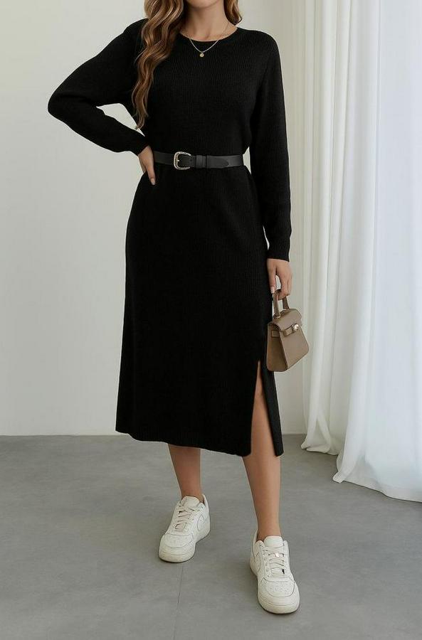 Uzun Kollu Bisiklet Yaka Yandan Yırtmaçlı Midi Triko Elbise