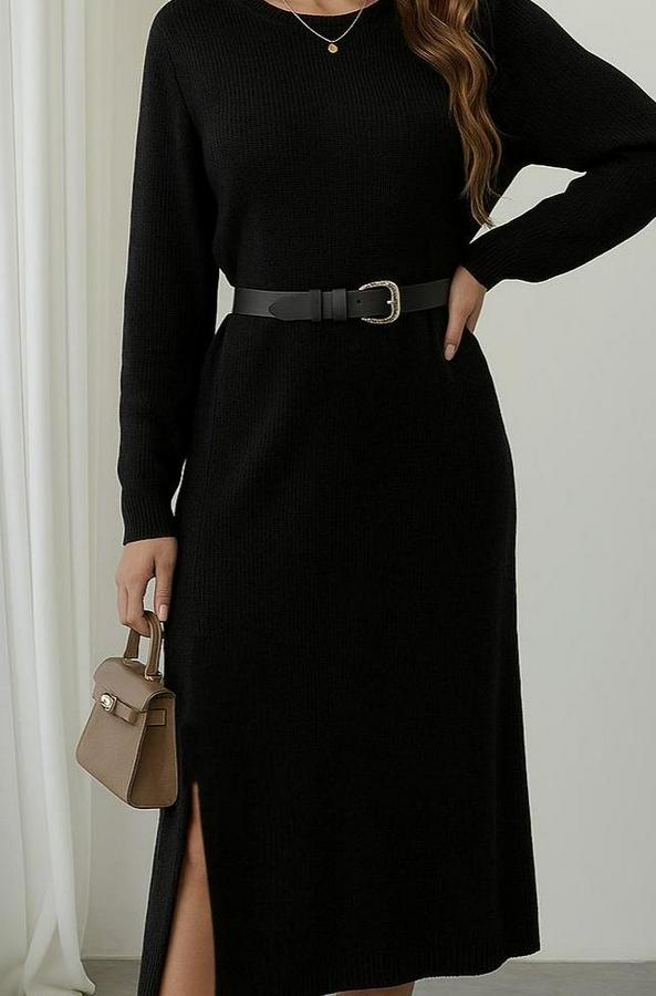 Uzun Kollu Bisiklet Yaka Yandan Yırtmaçlı Midi Triko Elbise