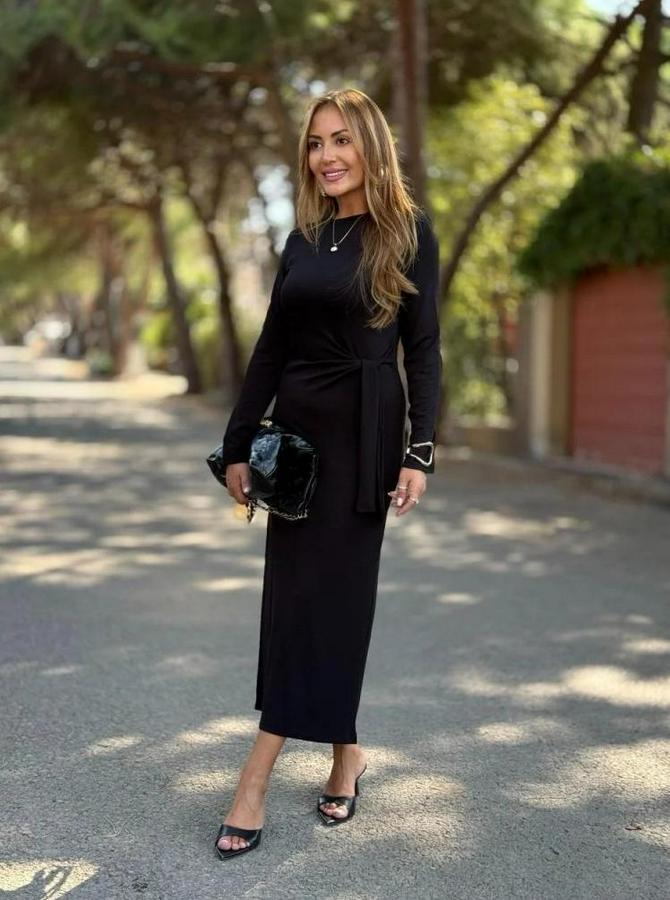 Uzun Kollu Bisiklet Yaka Yandan Bağlamalı Uzun Modal Elbise