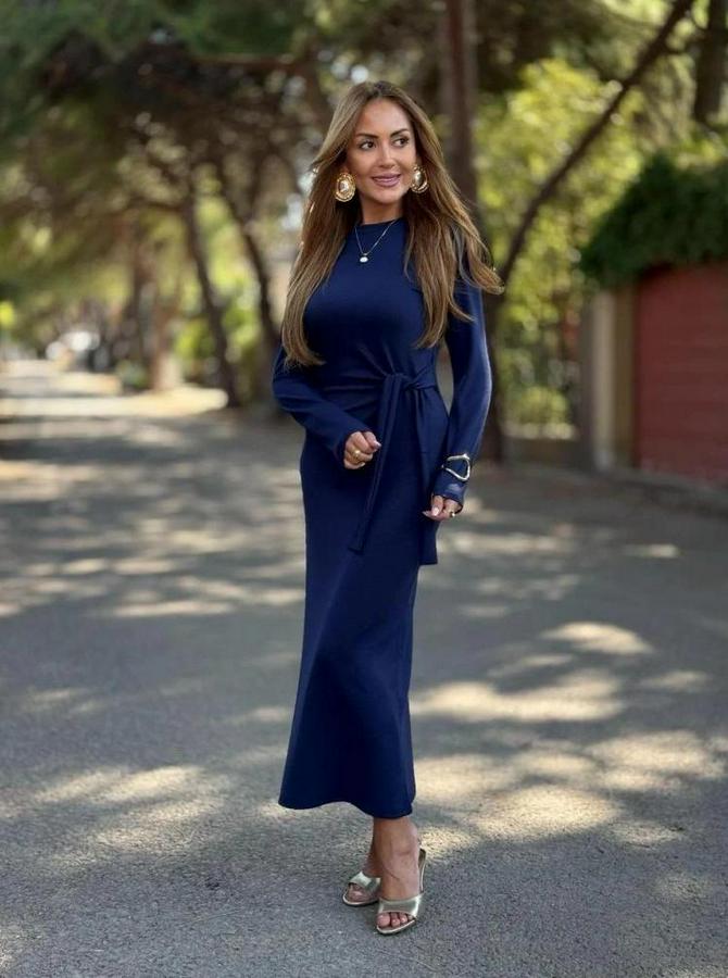 Uzun Kollu Bisiklet Yaka Yandan Bağlamalı Uzun Modal Elbise