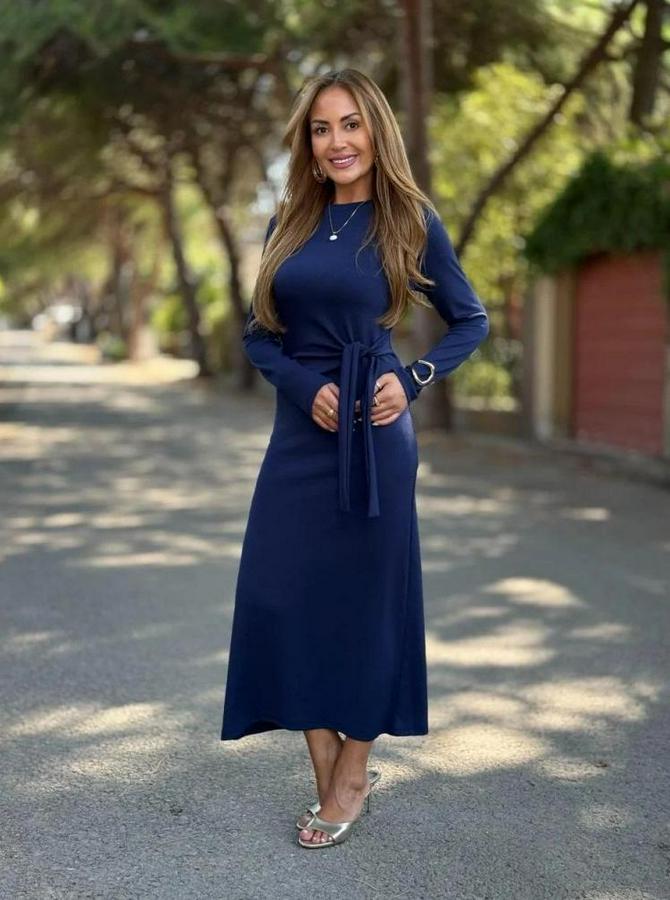 Uzun Kollu Bisiklet Yaka Yandan Bağlamalı Uzun Modal Elbise