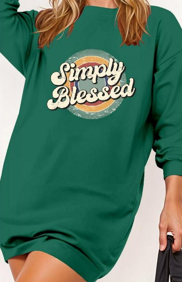 Uzun Kollu Bisiklet Yaka Yazılı Viskon Iki Iplik Elbise