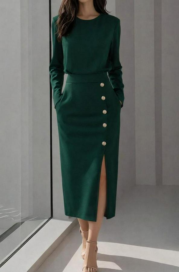 Uzun Kollu Bisiklet Yakalı Yandan Yırtmaçlı Düğmeli Midi Ithal Krep Elbise