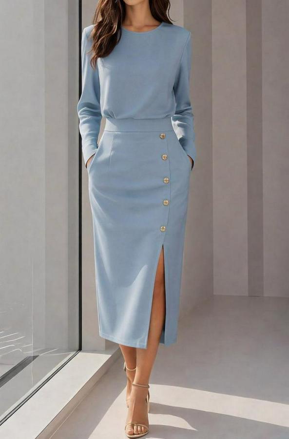 Uzun Kollu Bisiklet Yakalı Yandan Yırtmaçlı Düğmeli Midi Ithal Krep Elbise