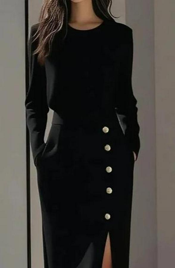 Uzun Kollu Bisiklet Yakalı Yandan Yırtmaçlı Düğmeli Midi Ithal Krep Elbise
