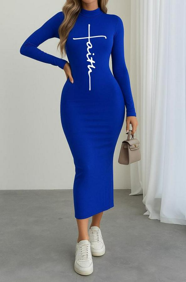 Uzun Kollu Boğazlı Baskı Detaylı Viskon Tam Boy Elbise