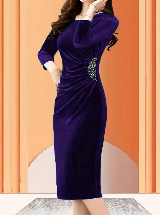 Uzun Kollu Bot Yaka Yanı Taş Detaylı Midi Kadife Elbise