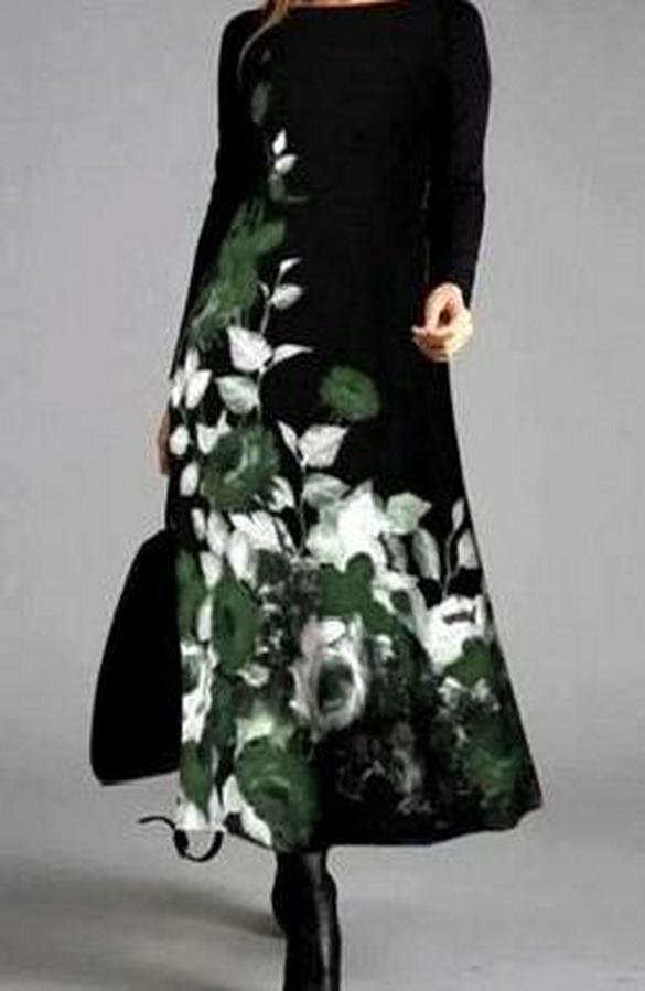 Uzun Kollu Çiçek Baskılı Midi Mikro Elbise