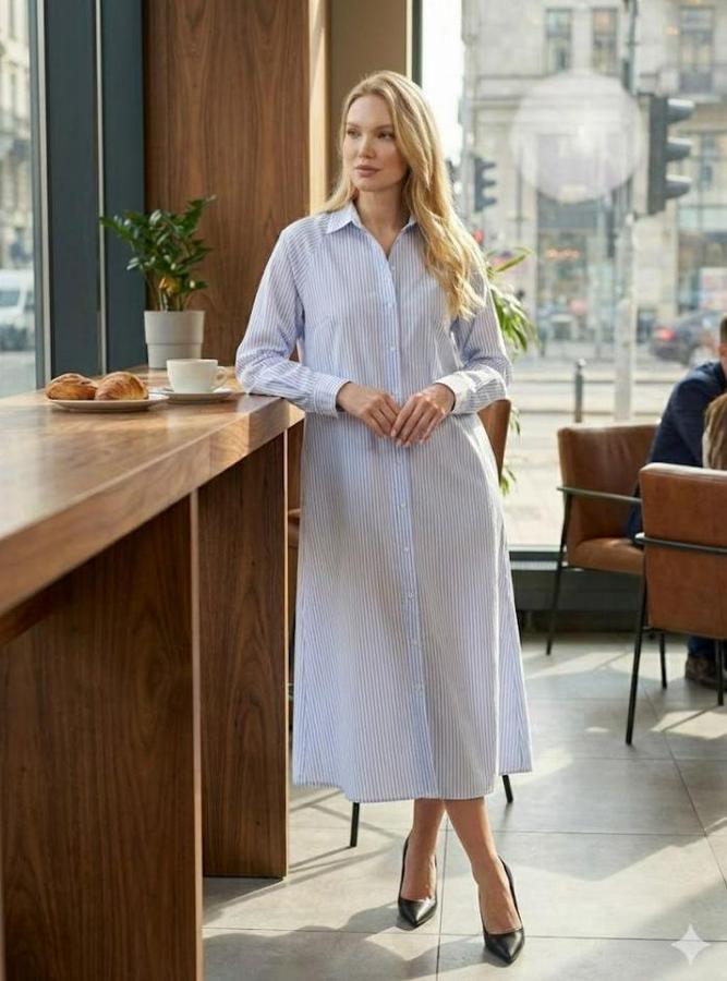 Uzun Kollu Çizgi Detay Maxi Boy Gömlek Elbise