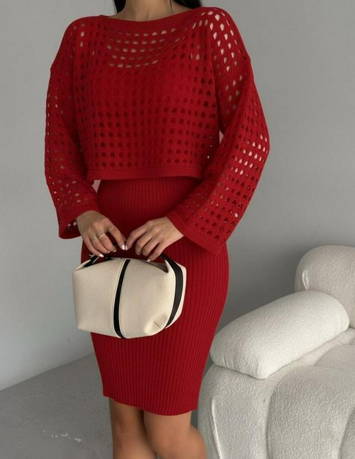 Uzun Kollu Delikli Kazak Askılı Elbise Triko Ikili Takım