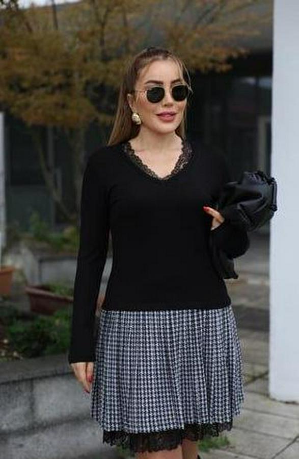 Uzun Kollu Denteli Yaka Ekose Etek Detay Diz Üstü Elbise