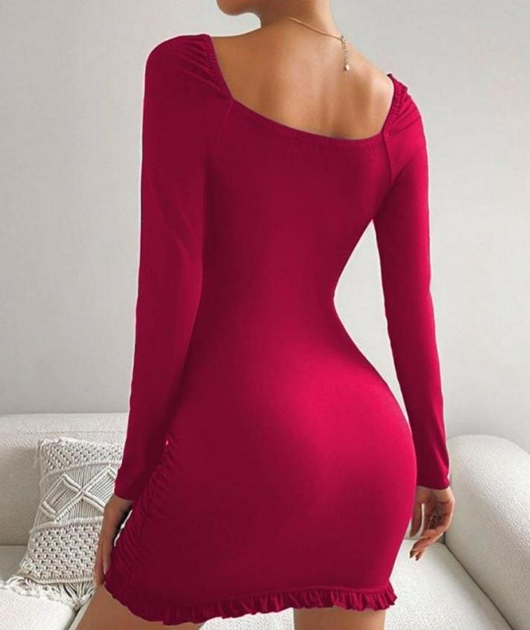 Uzun Kollu Derin V Yaka Göğüs Altı Dekolte Detay Etek Ucu Fırfırlı Sandy Mini Boy Elbise