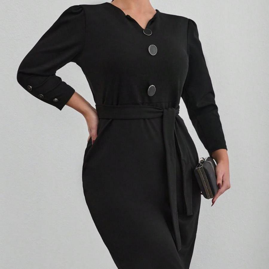 Uzun Kollu Düğme Detaylı Kendinden Kemerli Ithal Krep Elbise