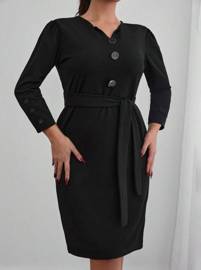 Uzun Kollu Düğme Detaylı Kendinden Kemerli Ithal Krep Elbise