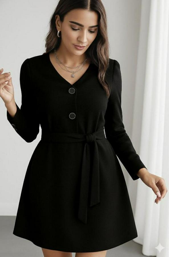 Uzun Kollu Düğme Detaylı Kendinden Kemerli Ithal Krep Elbise