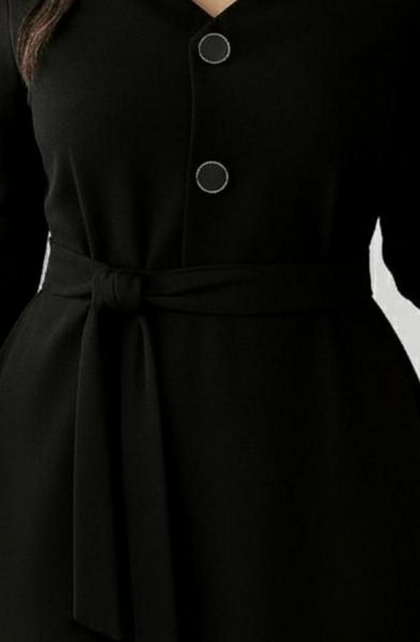 Uzun Kollu Düğme Detaylı Kendinden Kemerli Ithal Krep Elbise