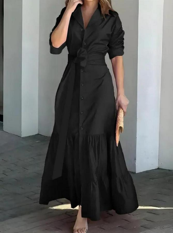 Uzun Kollu Eteği Fırfırlı Beli Kuşaklı Trikoton Tam Boy Gömlek Elbise