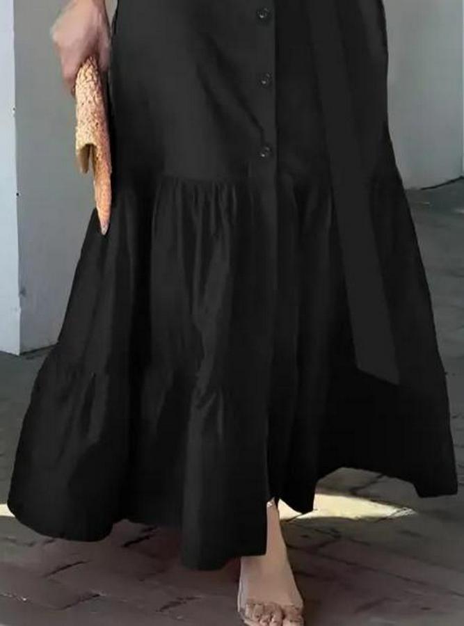 Uzun Kollu Eteği Fırfırlı Beli Kuşaklı Trikoton Tam Boy Gömlek Elbise