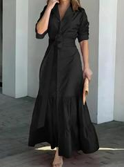 Uzun Kollu Eteği Fırfırlı Beli Kuşaklı Trikoton Tam Boy Gömlek Elbise