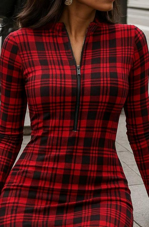 Uzun Kollu Fermuarlı Ekose Baskılı Dalgıç Elbise