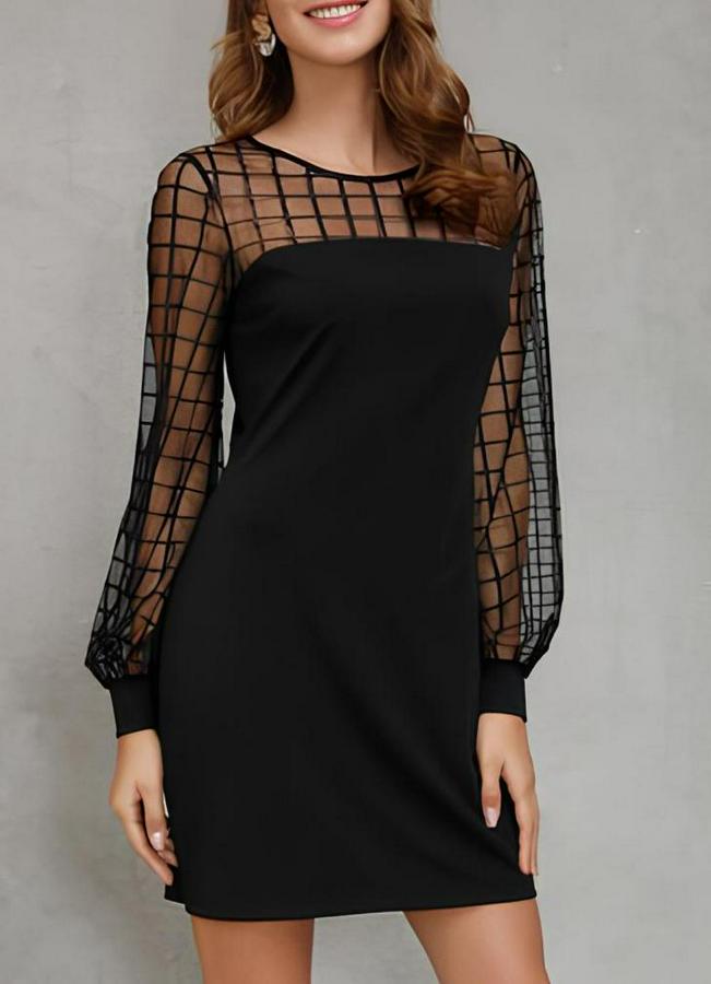 Uzun Kollu Geometrik Tül Detaylı Ithal Krep Elbise