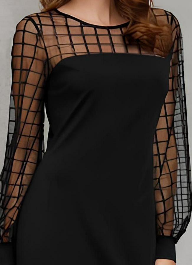 Uzun Kollu Geometrik Tül Detaylı Ithal Krep Elbise