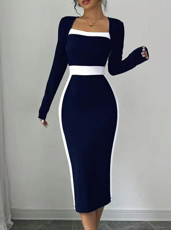 Uzun Kollu Geometrik Yaka Midi Ithal Krep Elbise