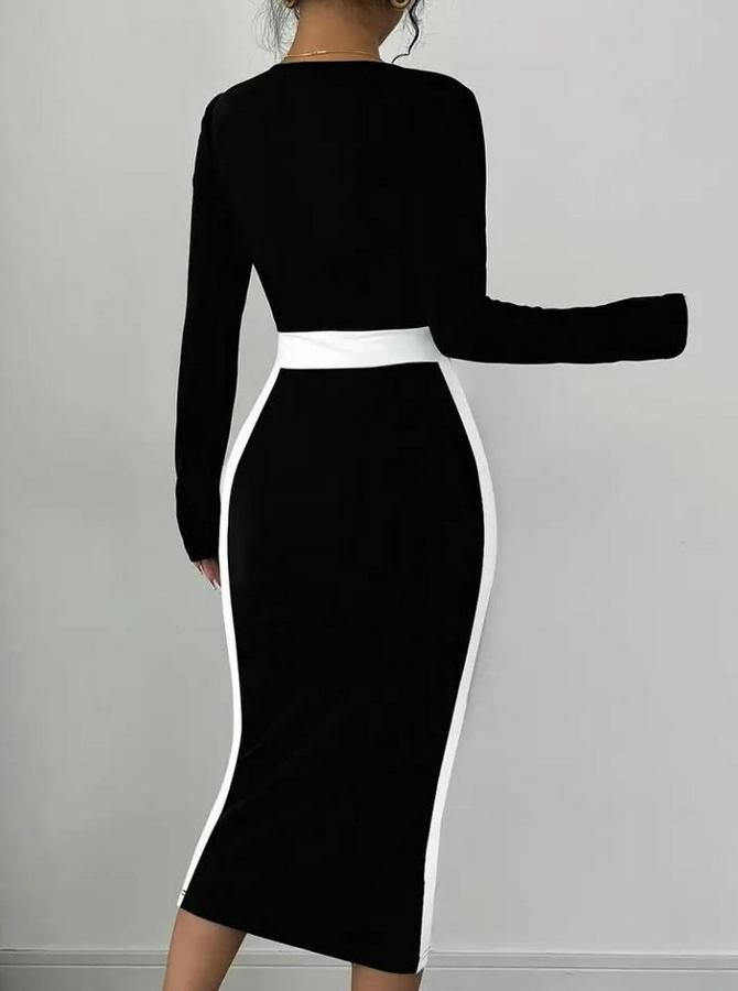 Uzun Kollu Geometrik Yaka Midi Ithal Krep Elbise