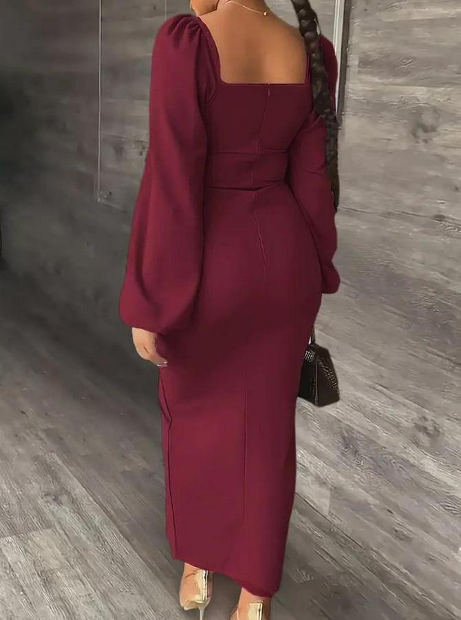 Uzun Kollu Geometrik Yakalı Yandan Yırtmaçlı Uzun Janjan Krep Elbise