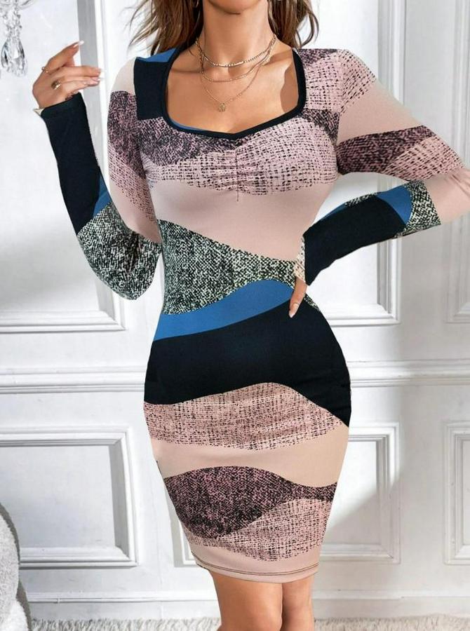 Uzun Kollu Göğüs Dekolte Detay Dalgıç Mini Elbise