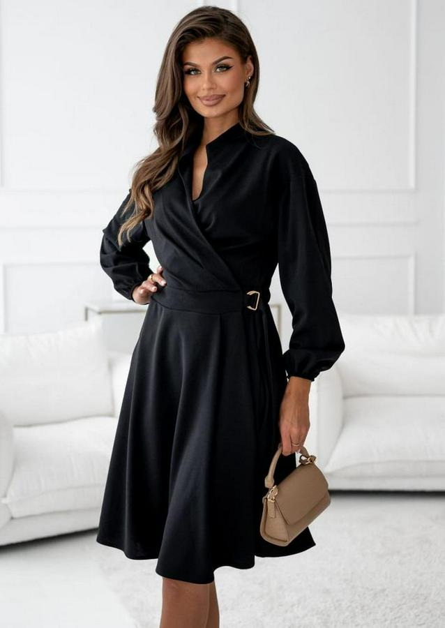 Uzun Kollu Hakim V Yakalı Yandan Toka Detaylı Ithal Mini Krep Elbise