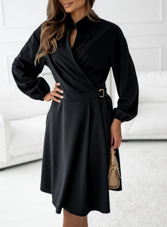 Uzun Kollu Hakim V Yakalı Yandan Toka Detaylı Ithal Mini Krep Elbise