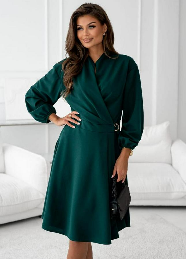 Uzun Kollu Hakim V Yakalı Yandan Toka Detaylı Ithal Mini Krep Elbise