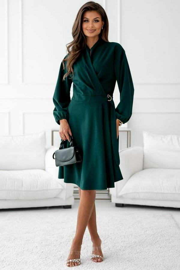 Uzun Kollu Hakim V Yakalı Yandan Toka Detaylı Ithal Mini Krep Elbise