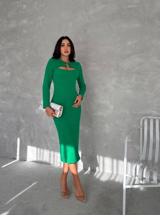 Uzun Kollu Halka Ve Pencere Dekolte Detay Fırsat Ürün Midi Boy Elbise