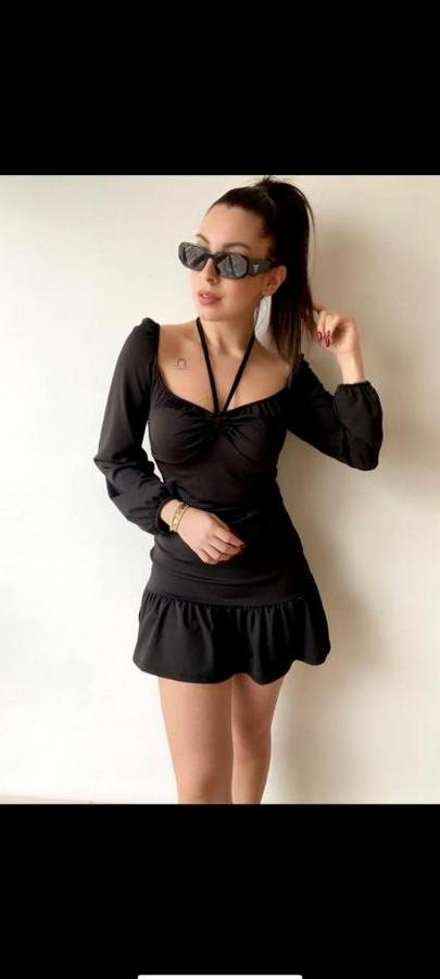 Uzun Kollu Halter Yaka Detay Mini Elbise