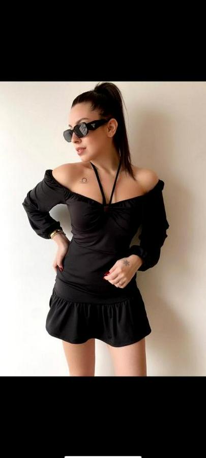 Uzun Kollu Halter Yaka Detay Mini Elbise