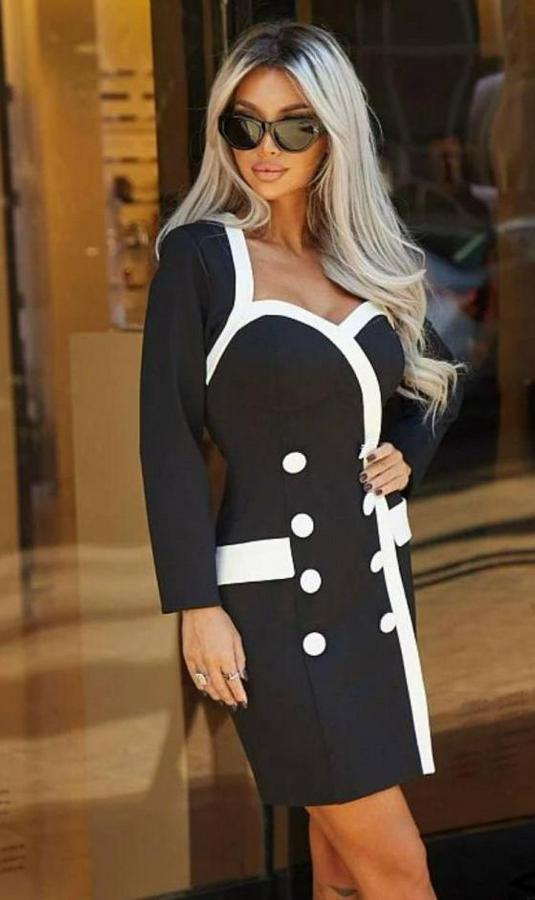 Uzun Kollu Kalp Yaka Kaplama Düğme Ve Cep Detay Elbise