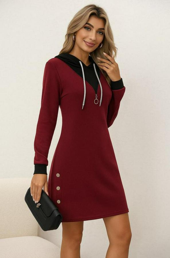 Uzun Kollu Kapşonlu Önden Fermuarlı Düğmeli Mini Iki Iplik Elbise