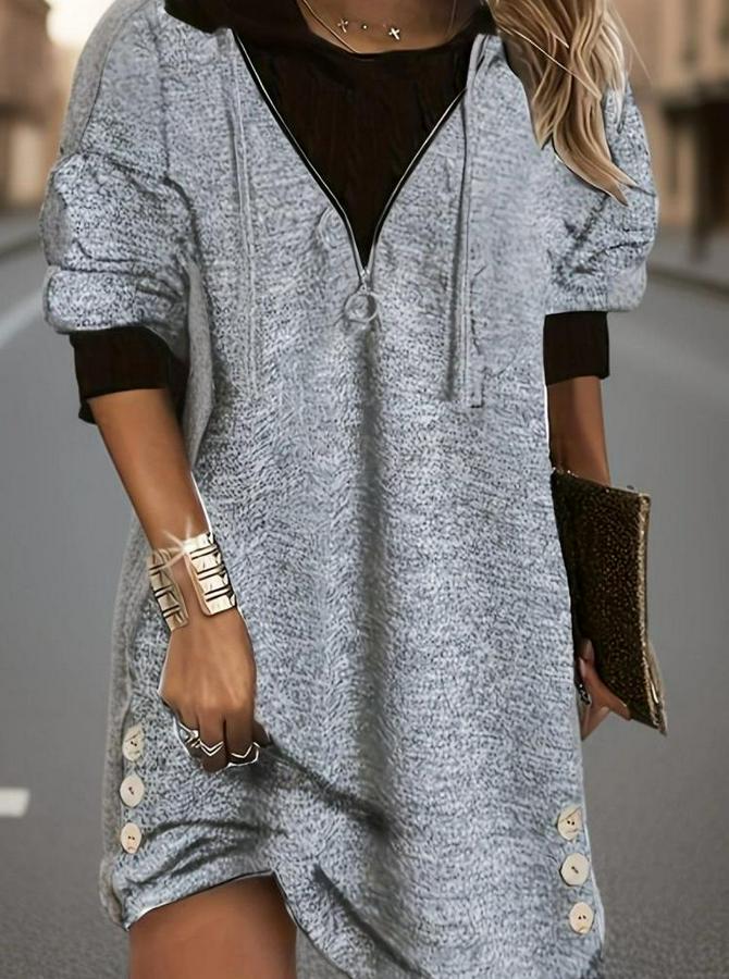 Uzun Kollu Kapşonlu Önden Fermuarlı Düğmeli Mini Iki Iplik Elbise