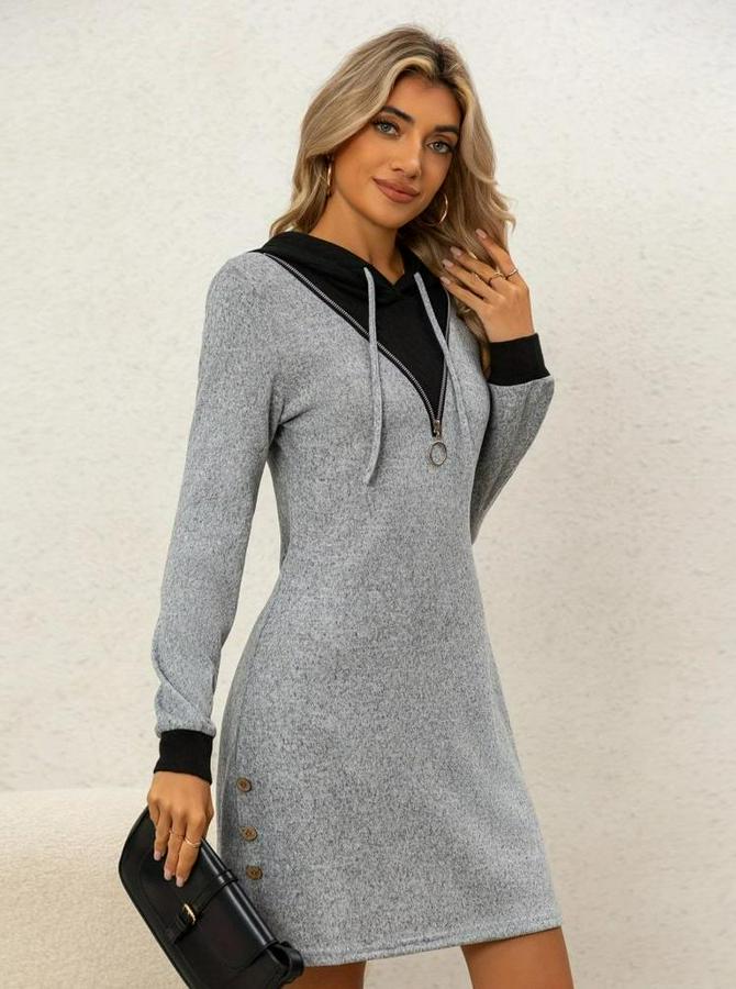 Uzun Kollu Kapşonlu Önden Fermuarlı Düğmeli Mini Iki Iplik Elbise