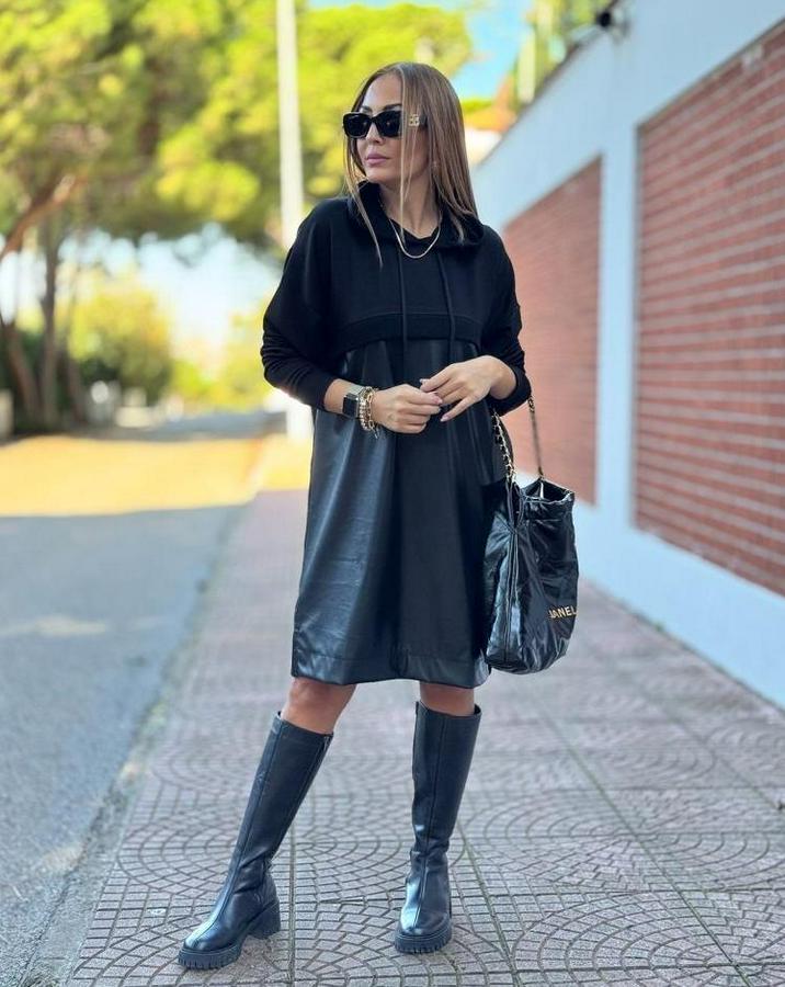 Uzun Kollu Kapüşon Ve Deri Detay Diz Üstü Elbise