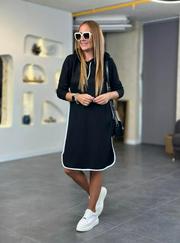 Uzun Kollu Kapüşon Ve Ribana Detay Diz Üstü Elbise