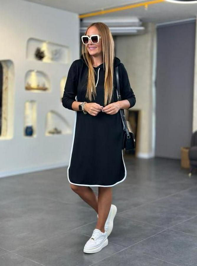 Uzun Kollu Kapüşon Ve Ribana Detay Diz Üstü Elbise