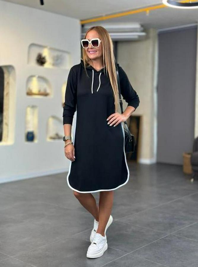 Uzun Kollu Kapüşon Ve Ribana Detay Diz Üstü Elbise